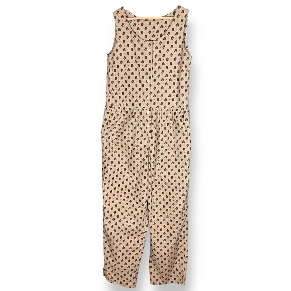 Handmade Jumpsuit Floral Sleeveless Button-Up Cottagecore Tan Print Gentle Taper